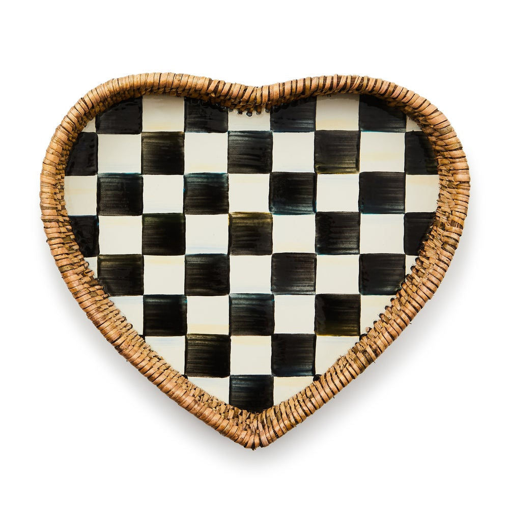 MacKenzie-Childs Courtly Check Enamel & Rattan Heart Tray