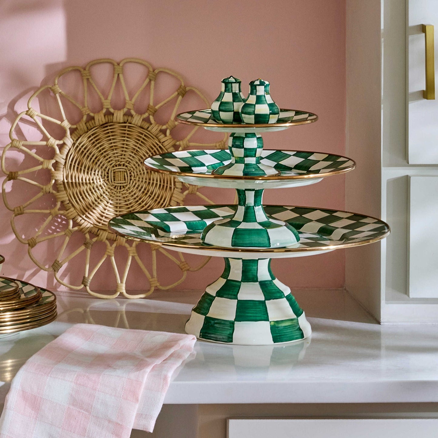 Emerald Check Small Pedestal Platter - |VESIMI Design| Luxury Bathrooms and Home Decor