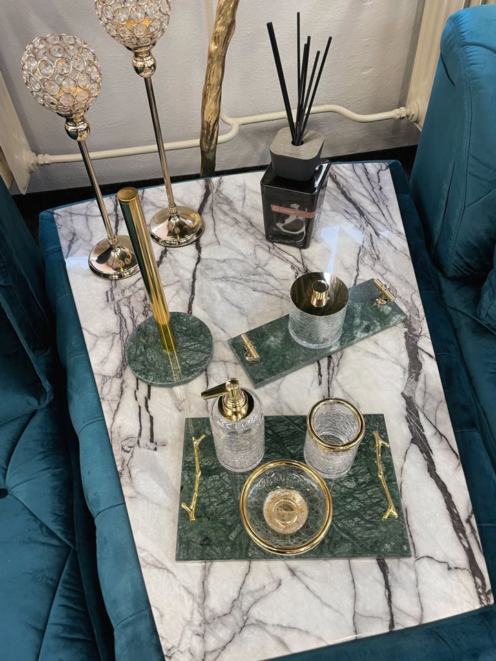 Green Marble Tray with Gold Metal Handles 30x20cm - |VESIMI Design|