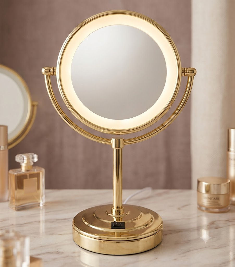 A gold-finished LED vanity mirror with a round illuminated ring and dual-angle stand, displayed on a marble countertop with cosmetic bottles in a softly lit bathroom setting.
