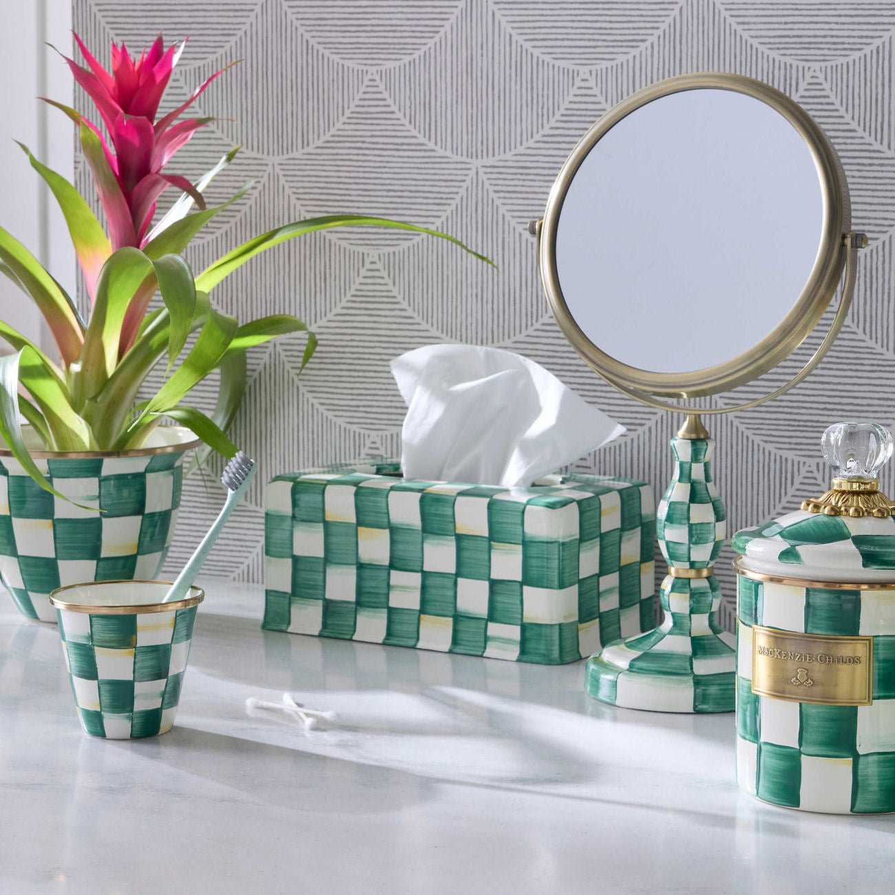MacKenzie - Childs Emerald Check Enamel Bath Collection - Toilet Tissue Storage - |VESIMI Design|