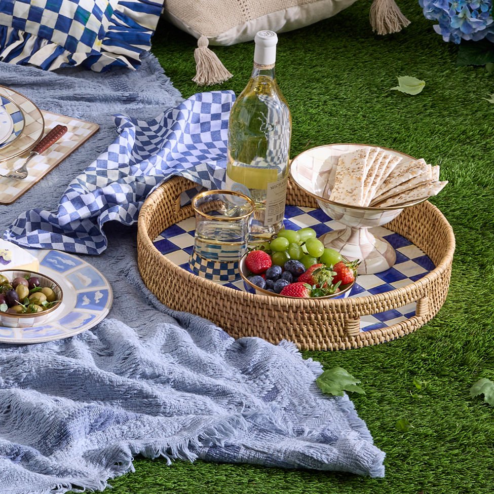 MacKenzie - Childs Royal Check Enamel & Rattan Round Serving Tray - |VESIMI Design|