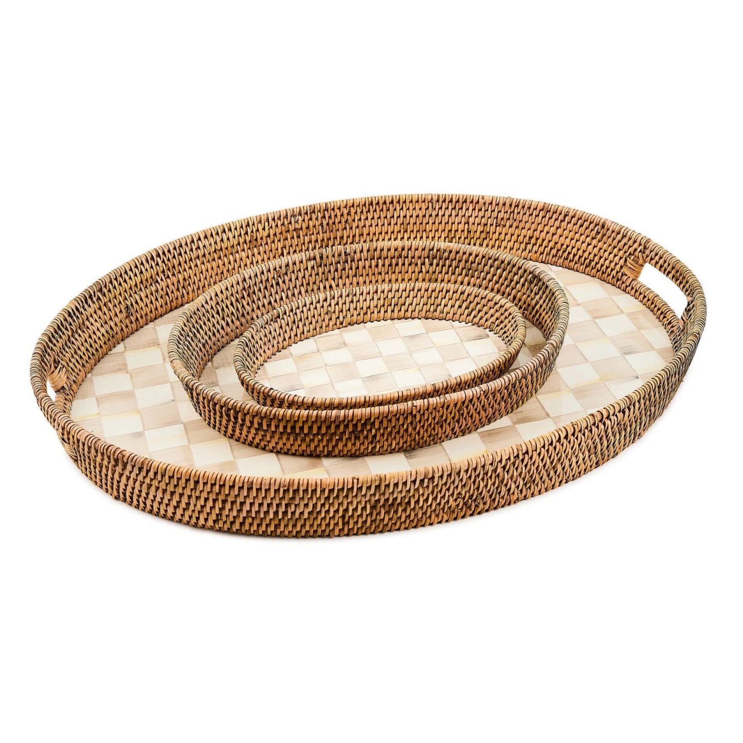 Mocha Check Large Enamel & Rattan Serving Tray
