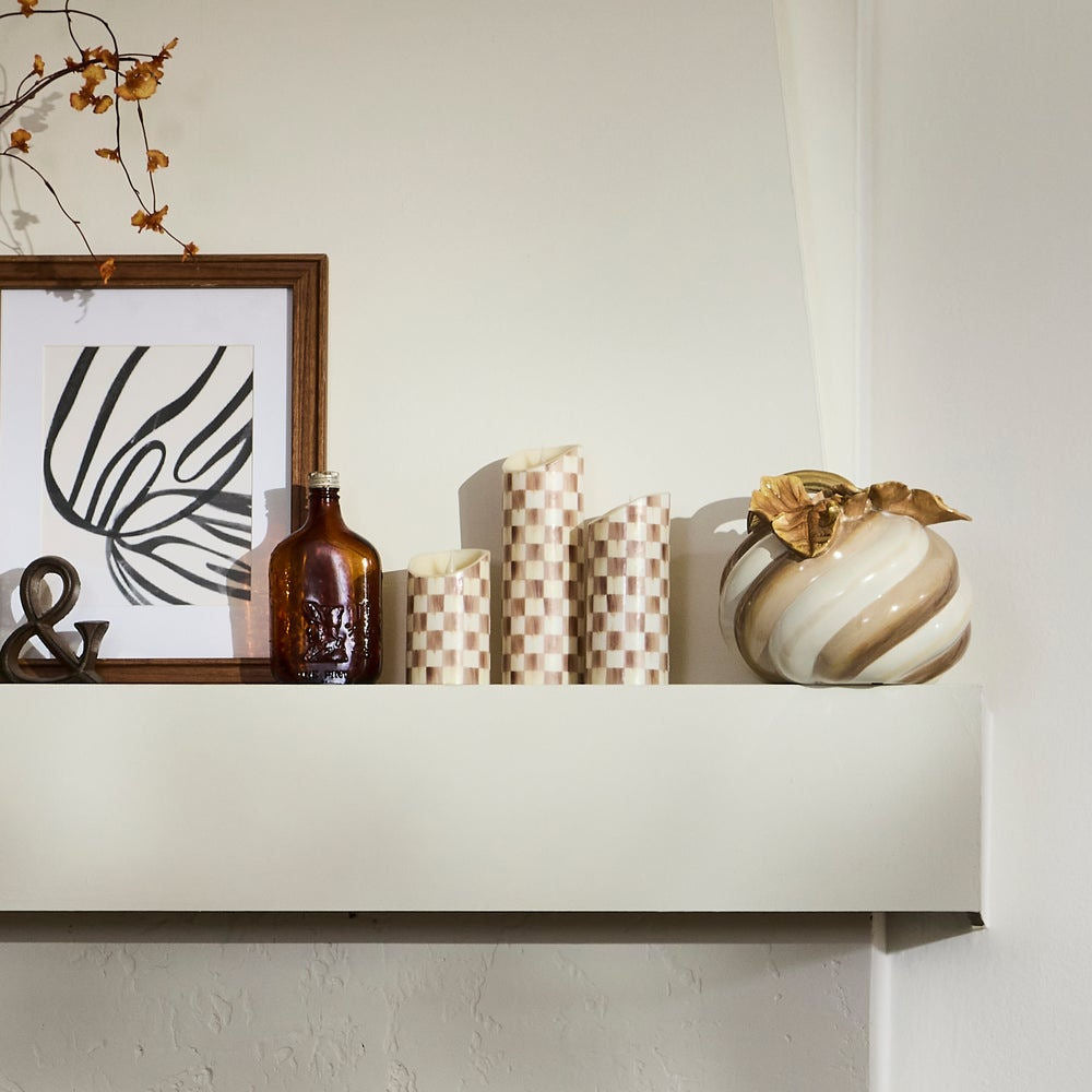 Mocha Check Flameless 9" Pillar Candle