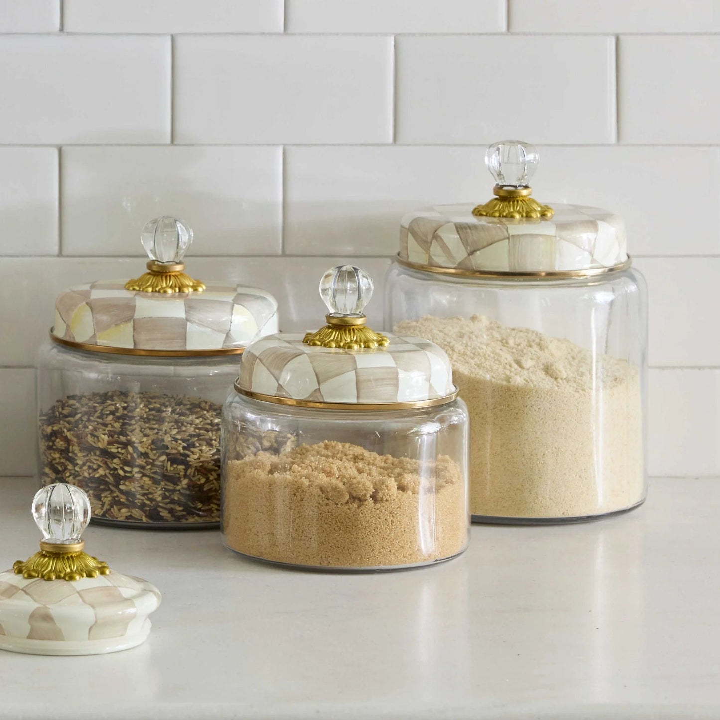 Mocha Check Glass Kitchen Canisters by MacKenzie-Childs - Set of 3