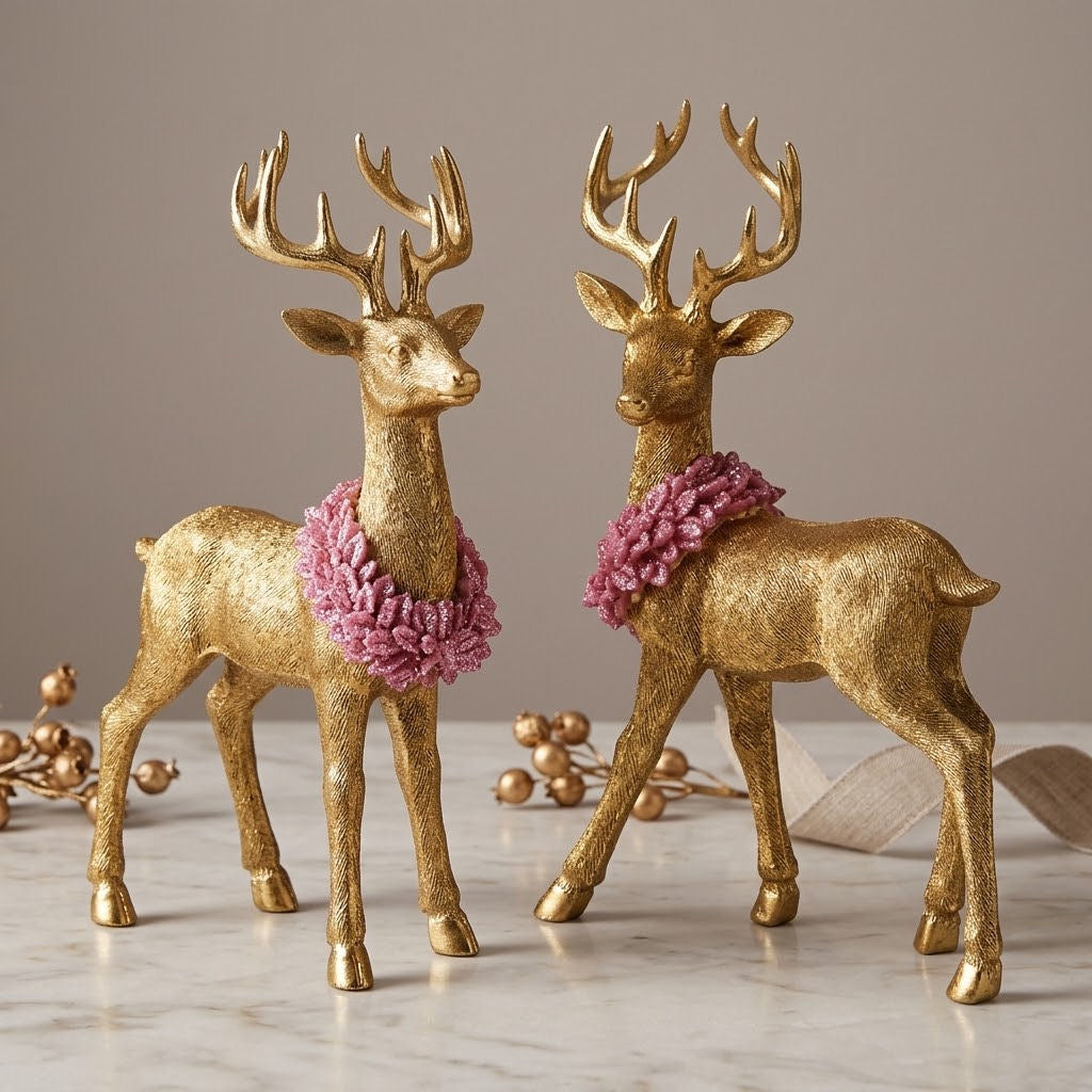 Standing Deers set of 2 in Gold & Light Pink by Werns