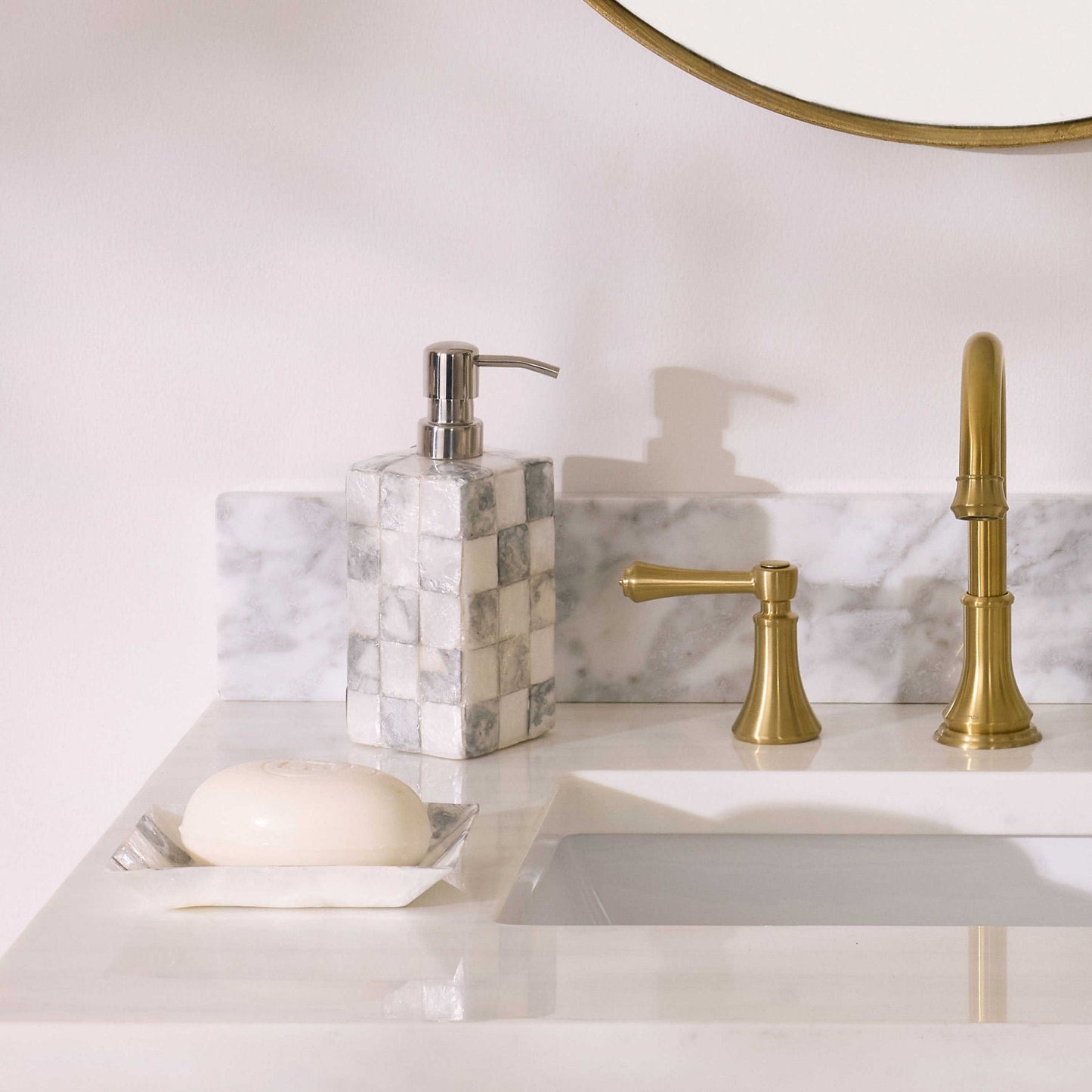 Sterling Check Capiz Soap Pump by MacKenzie - Childs - |VESIMI Design| Luxury Bathrooms and Home Decor