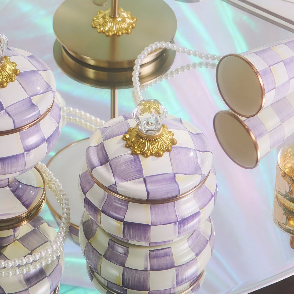 Violet Check Squashed Pot by Mackenzie-Childs