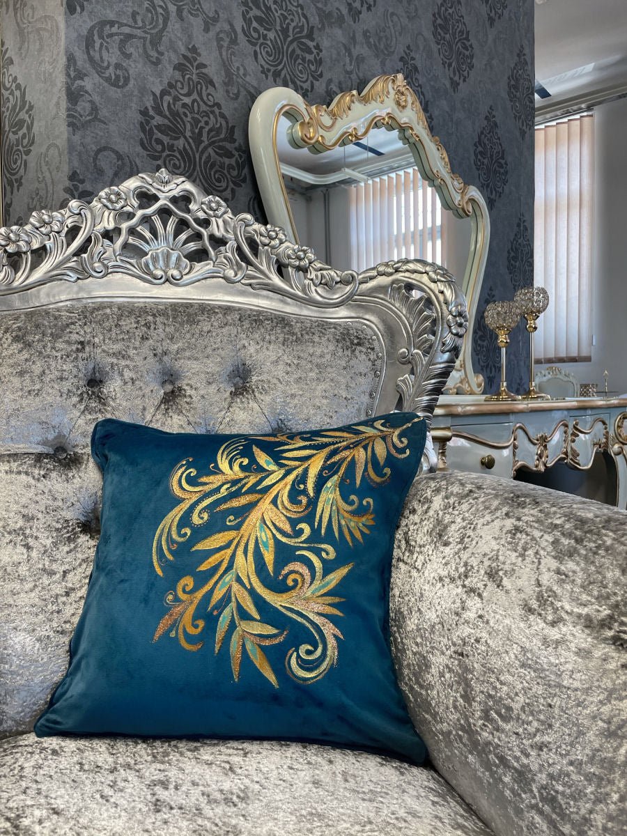 Anna Anna® Luxury Handpainted Turquoise Gold Velvet Cushion - |VESIMI Design| Luxury and Rustic bathrooms online