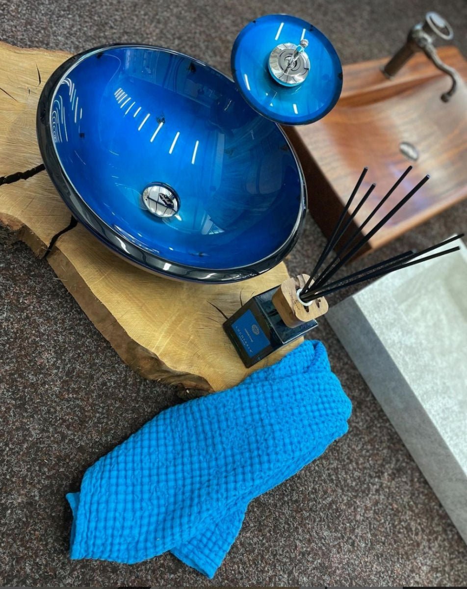 Blue Leaf Round Bathroom Glass Vessel Sink 19mm - |VESIMI Design| Luxury and Rustic bathrooms online