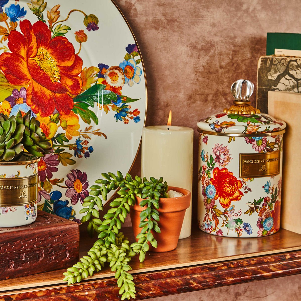 Flower Market White Enamel Kitchen Canister with Lid Medium - |VESIMI Design|