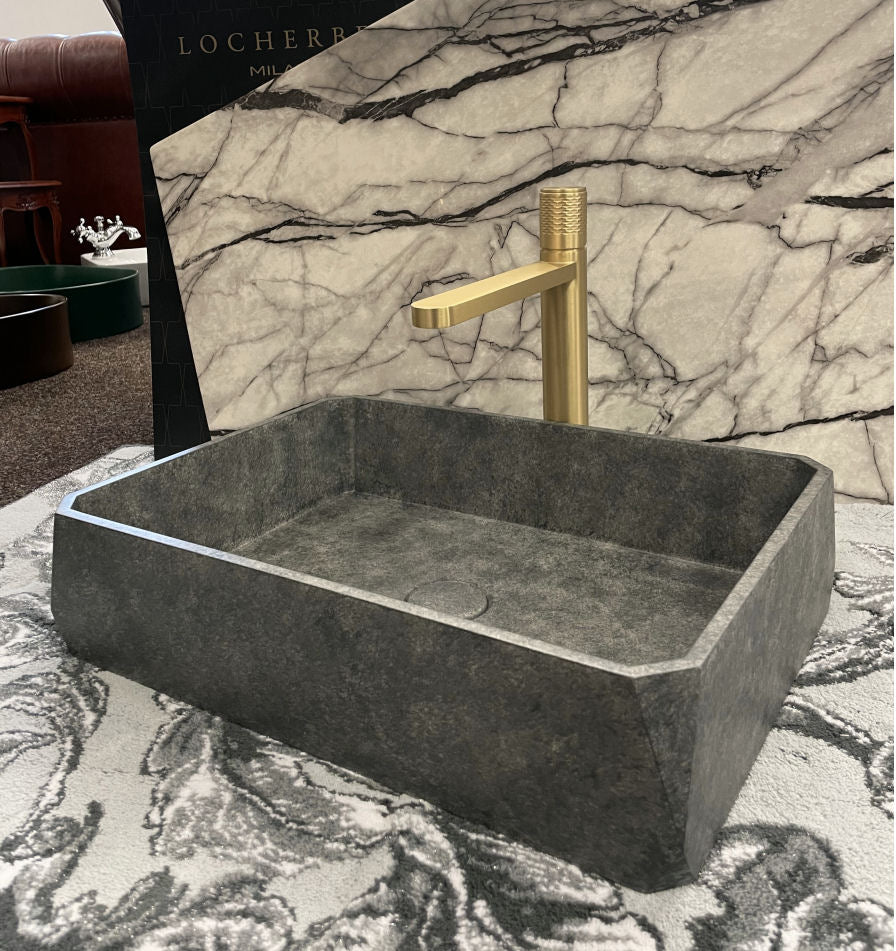 Grey Concrete Bathroom Sink With Opera Satin Gold Faucet - |VESIMI Design| Luxury and Rustic bathrooms online