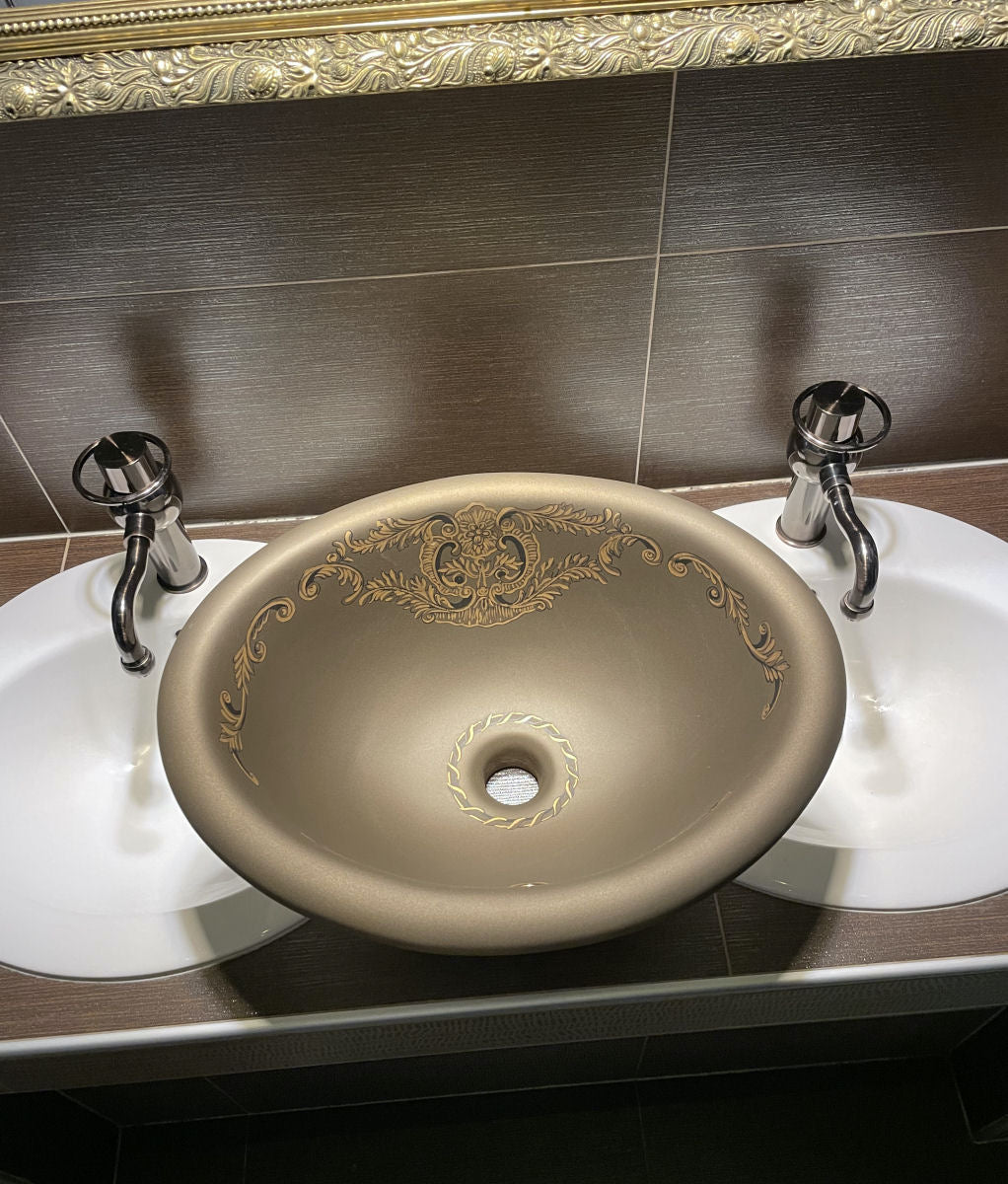 Luxury Brown Hand Painted Bronze Terzofoco Fireclay Bathroom Sink - |VESIMI Design| Luxury and Rustic bathrooms online