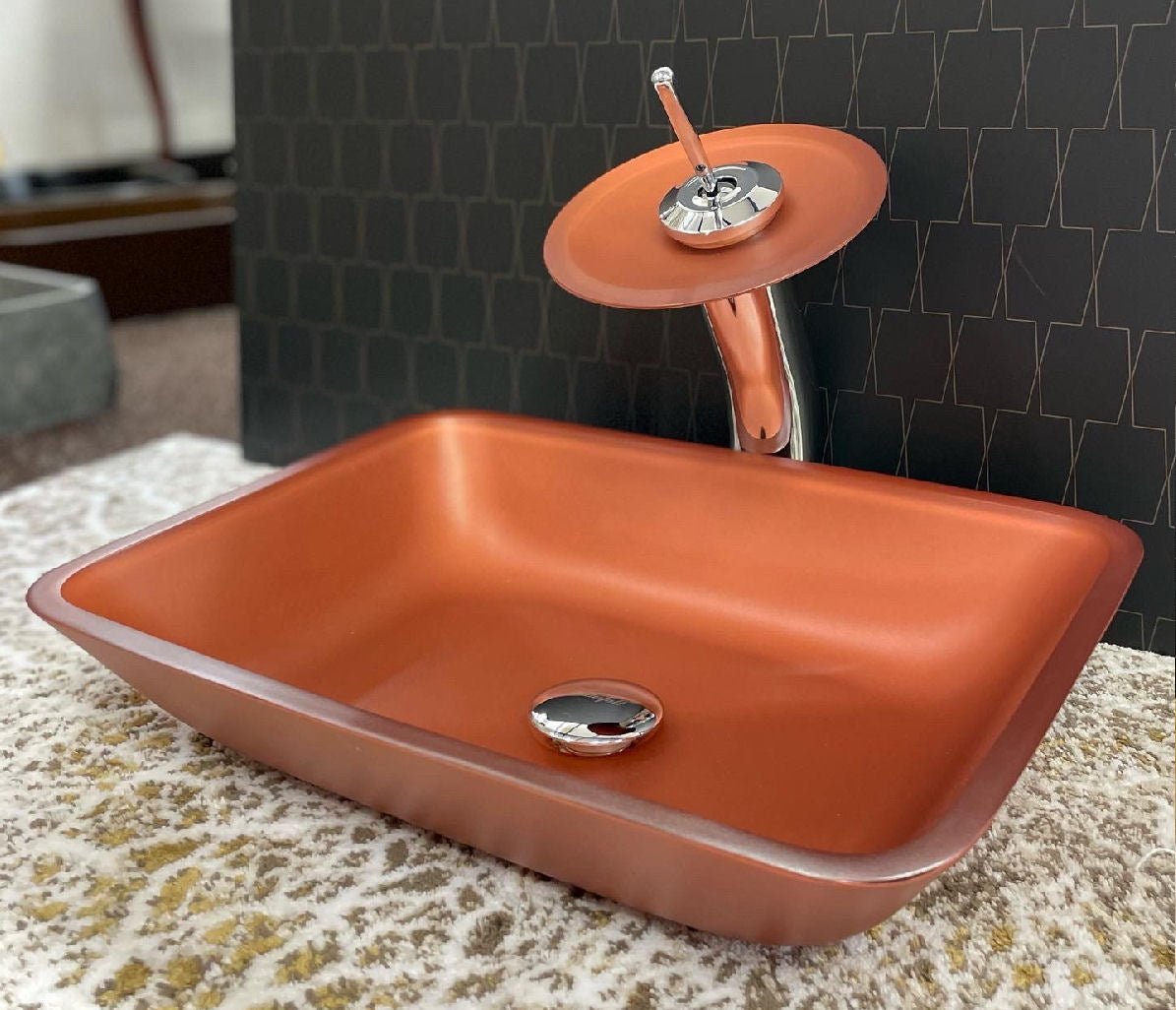 Orange-Copper Color Glass Sink Waterfall® Red Desert - |VESIMI Design| Luxury and Rustic bathrooms online