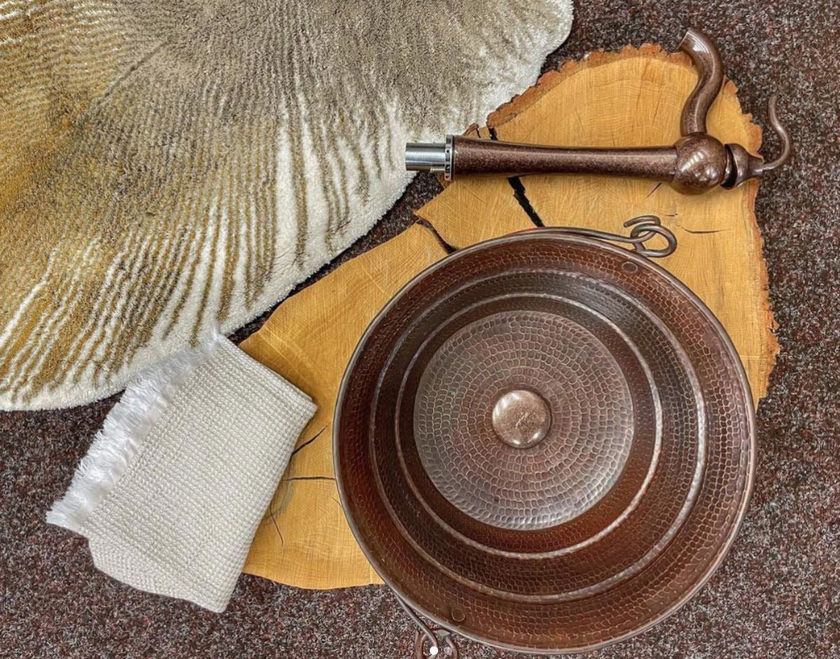 Round Rustic Bucket Bathroom Copper Vessel Sink - |VESIMI Design| Luxury and Rustic bathrooms online