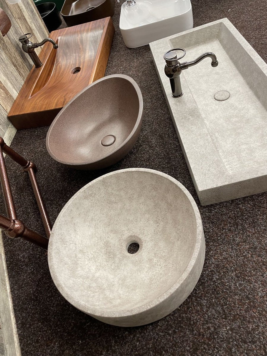 Skirted Semi-Recessed Round Grey & Beige Concrete Sink - |VESIMI Design| Luxury and Rustic bathrooms online
