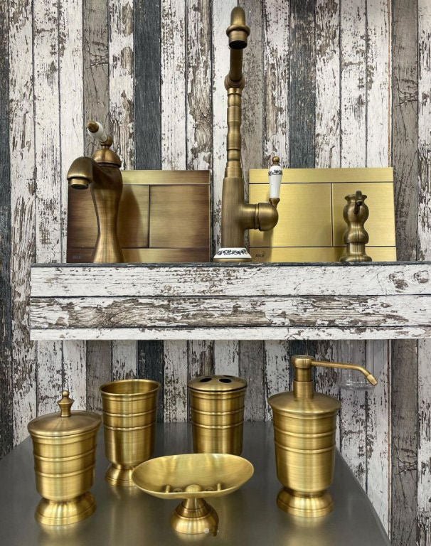 Unlacquered Solid Antique Brass Bathroom Accessories Set - |VESIMI Design| Luxury and Rustic bathrooms online