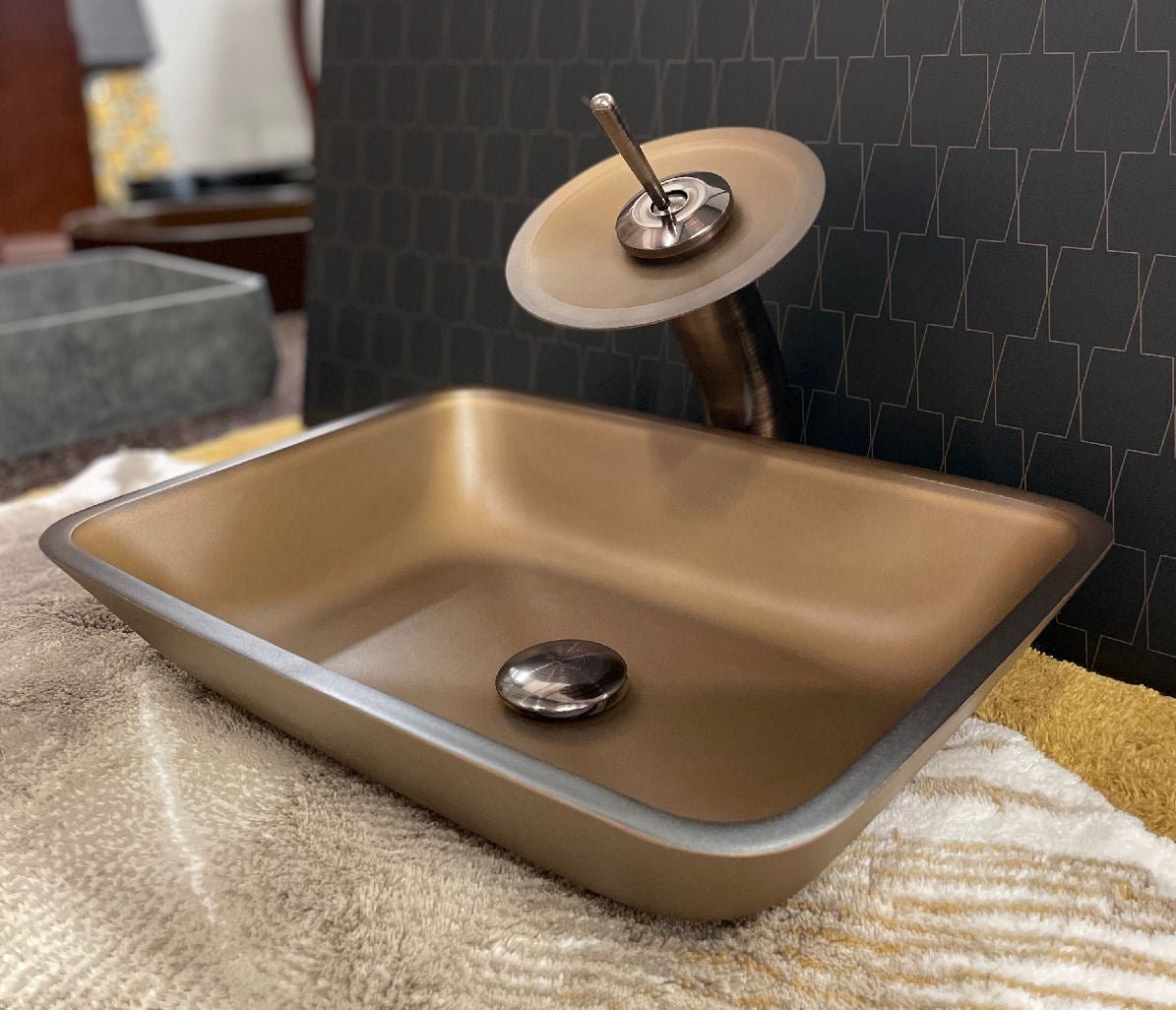 Waterfall® Allure Sand Brown Chocolate Glass Sink - |VESIMI Design| Luxury and Rustic bathrooms online