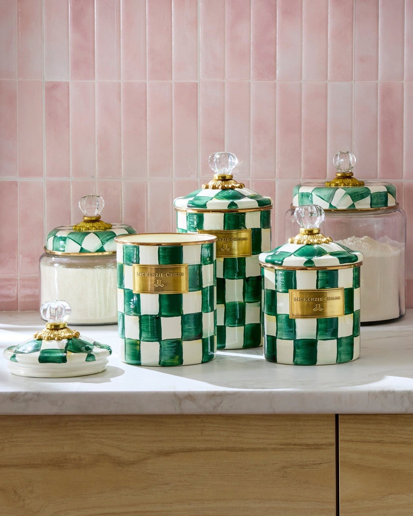 Emerald Check Glass Kitchen Canisters by MacKenzie-Childs - Set of 3