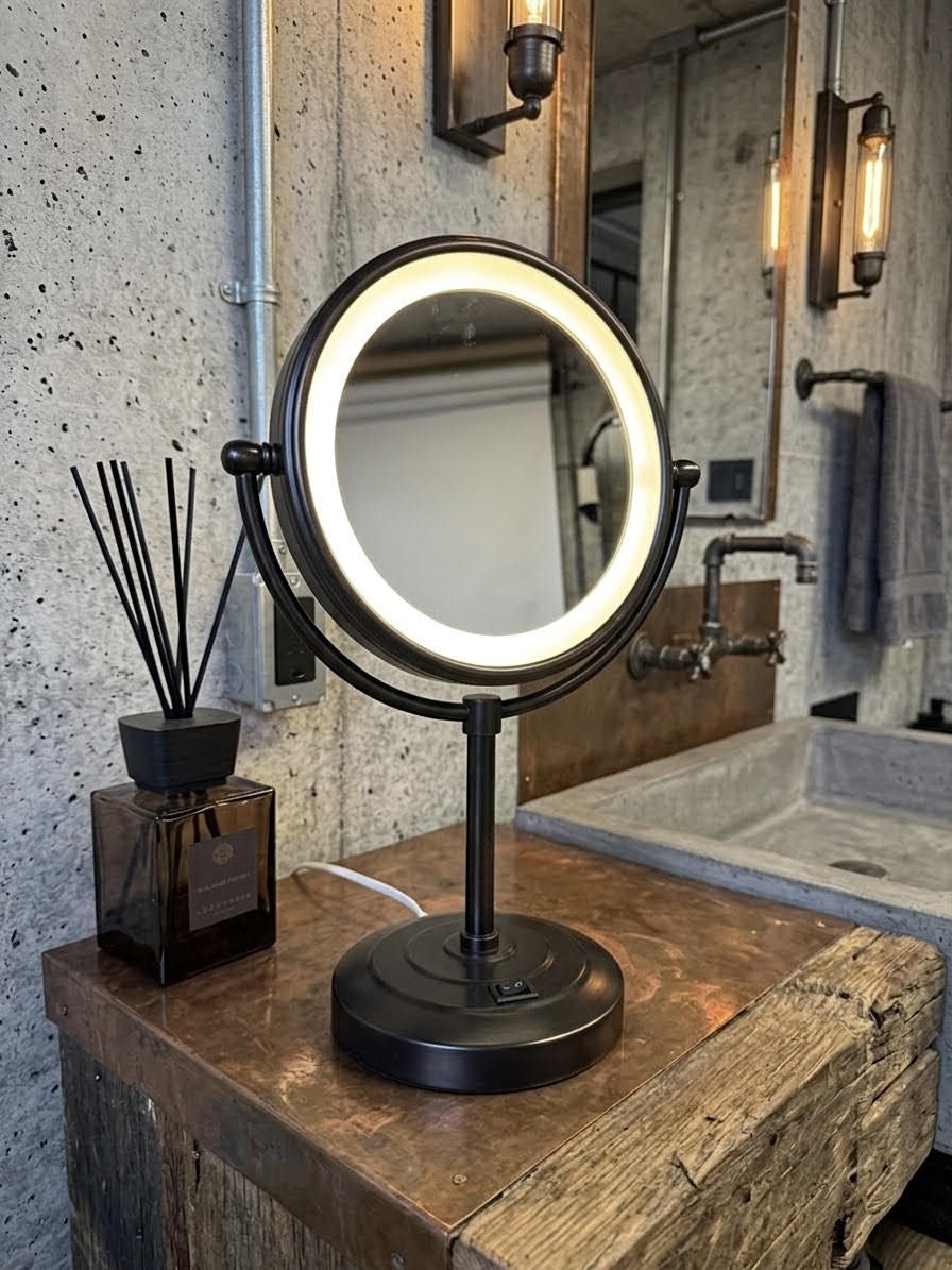 A black adjustable vanity mirror with a glowing white LED ring, set on a rustic wooden table in a bathroom next to a reed diffuser.