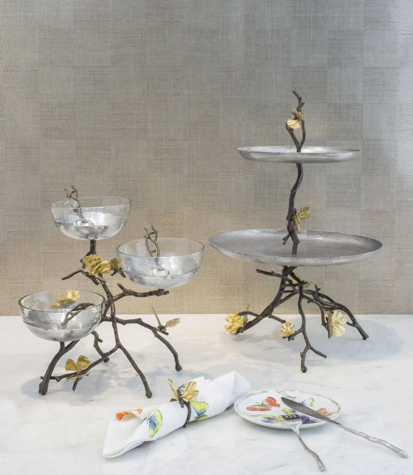 Butterfly Ginkgo Triple Bowl Set with Spoons by Michael Aram
