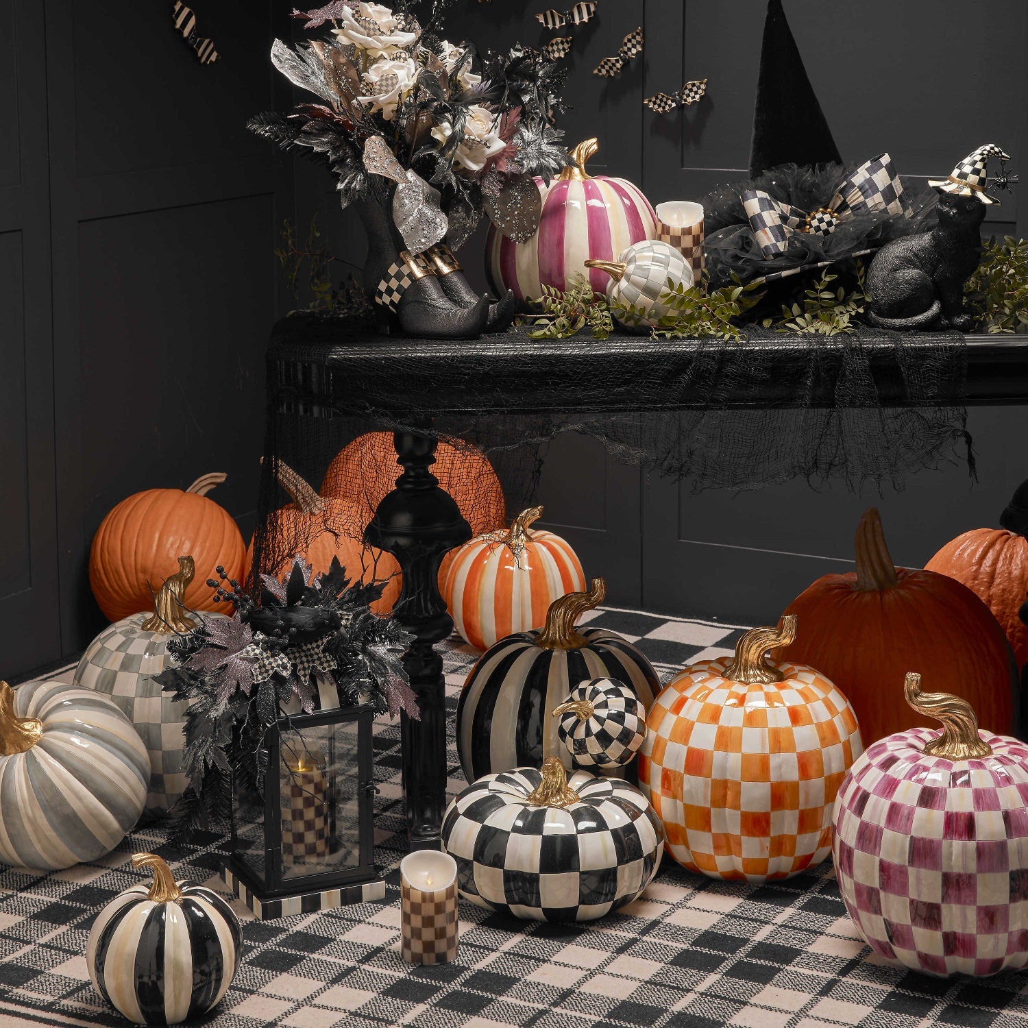 Mackenzie Childs Tartan Spice Pumpkin Fall Halloween Decor outlet Gray Plaid