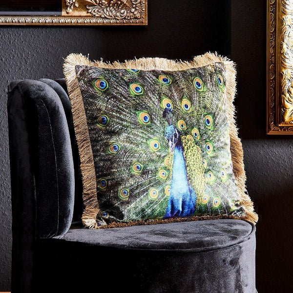 Cushion with Fringes Peacock Green Gold - |VESIMI Design| Luxury Bathrooms and Home Decor