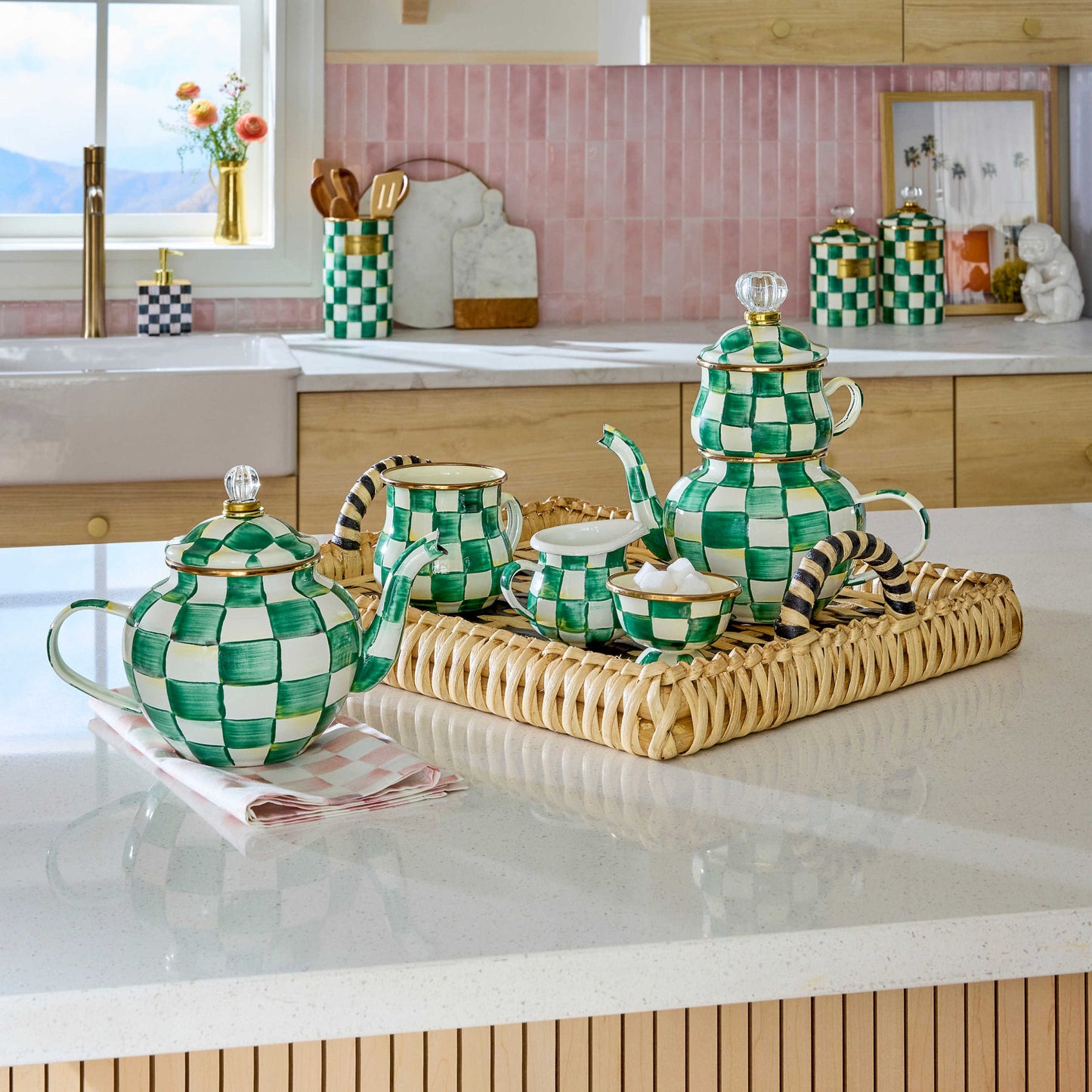 Emerald Check Enamel Canisters - Set of 3