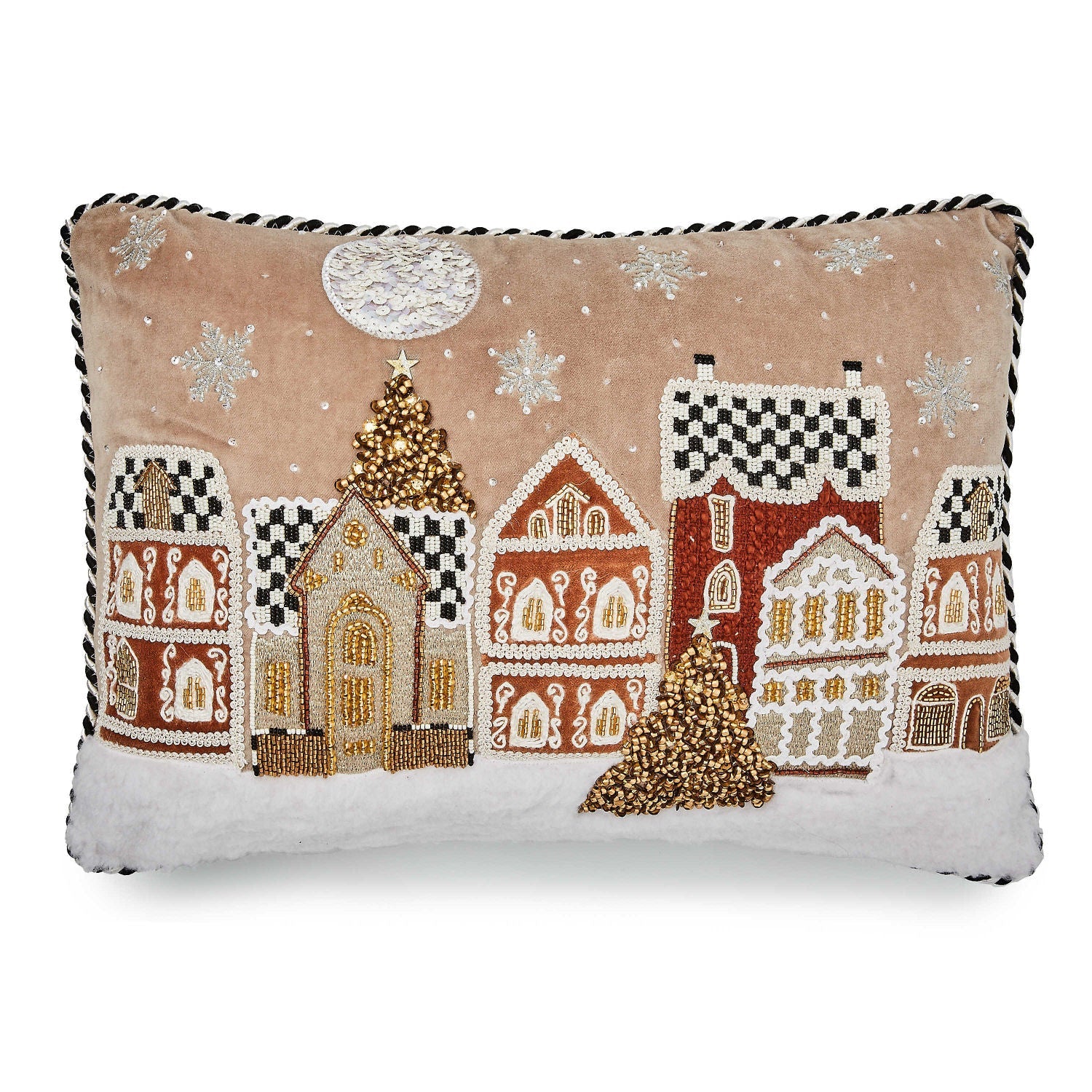 Gingerbread Village Beaded Lumbar Pillow by Mackenzie Childs VESIMI Design Luxury Bathrooms and Home Decor