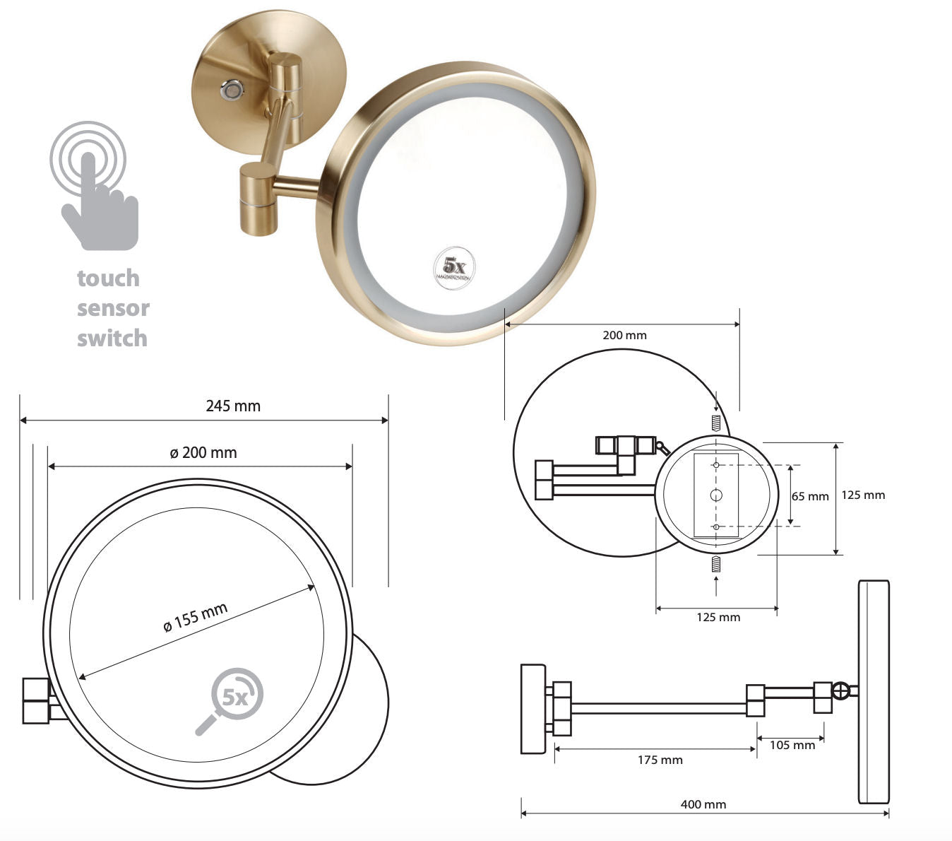 A bathroom vanity mirror with an integrated LED ring and touch sensor switch, shown with dimension diagrams and technical specifications on a white background.