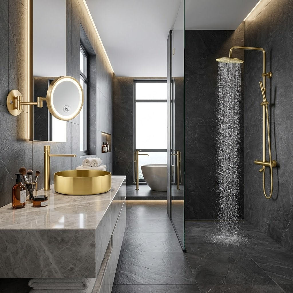 Modern bathroom interior with a large gold-framed mirror, round gold vessel sink on a marble countertop, and a walk-in shower with a rain head and gold shower hardware against dark gray stone walls.