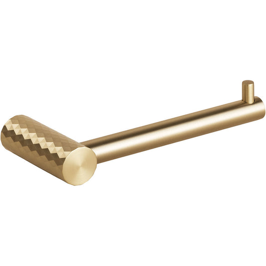 A modern industrial L-shaped bathroom toilet brush holder in brushed brass with a textured chevron pattern
