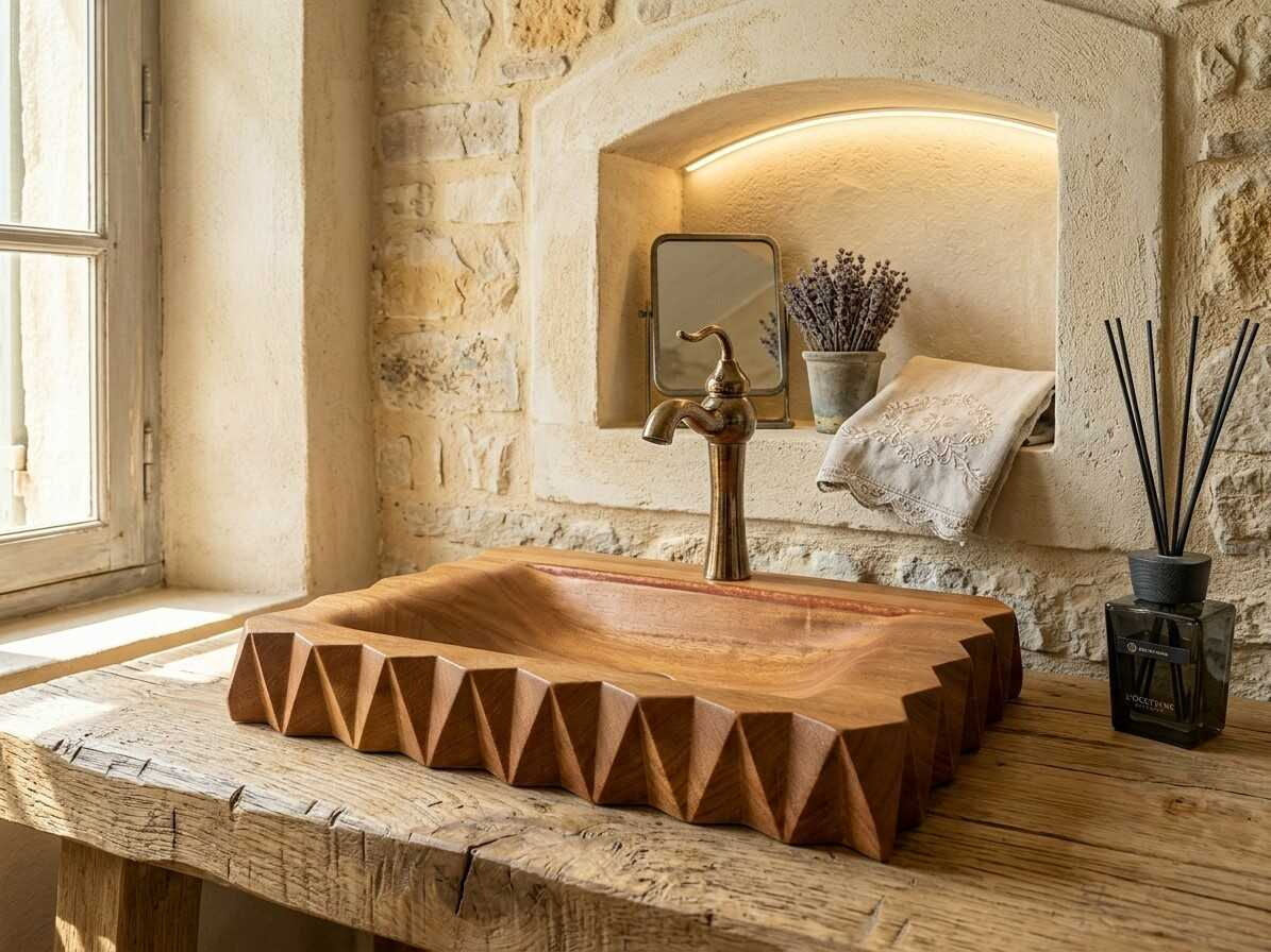 Luxury Hand-Carved IROKO Wooden Vessel Sink