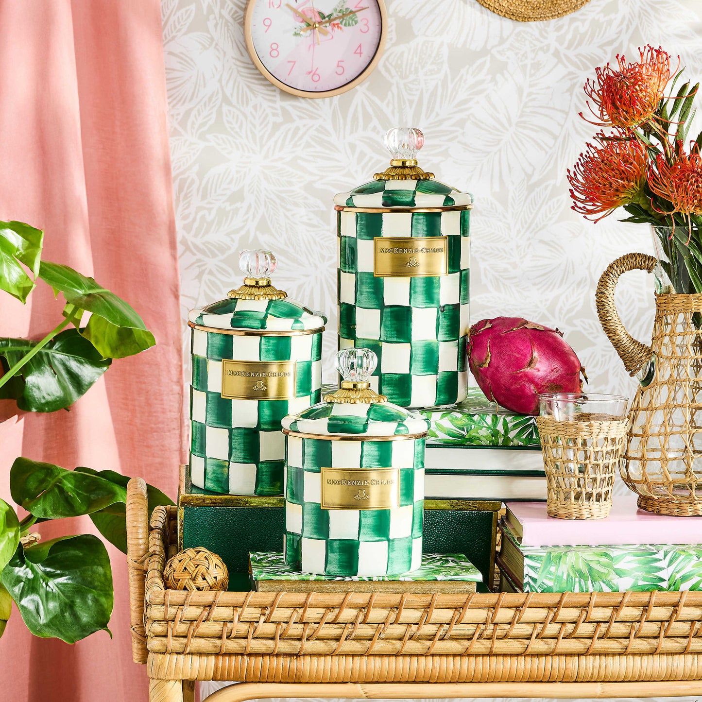 Emerald Check Enamel Canisters - Set of 3