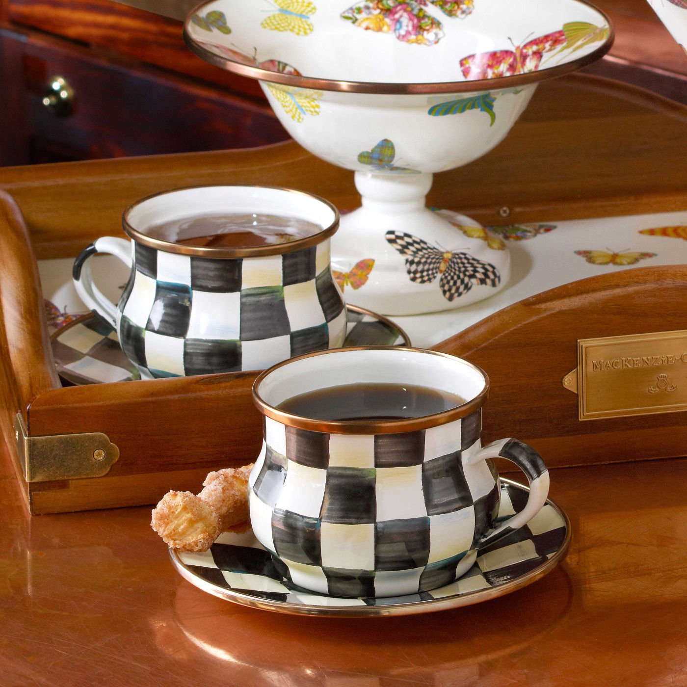 MacKenzie-Childs Courtly Check Enamel Teacup - |VESIMI Design| Luxury Bathrooms and Home Decor
