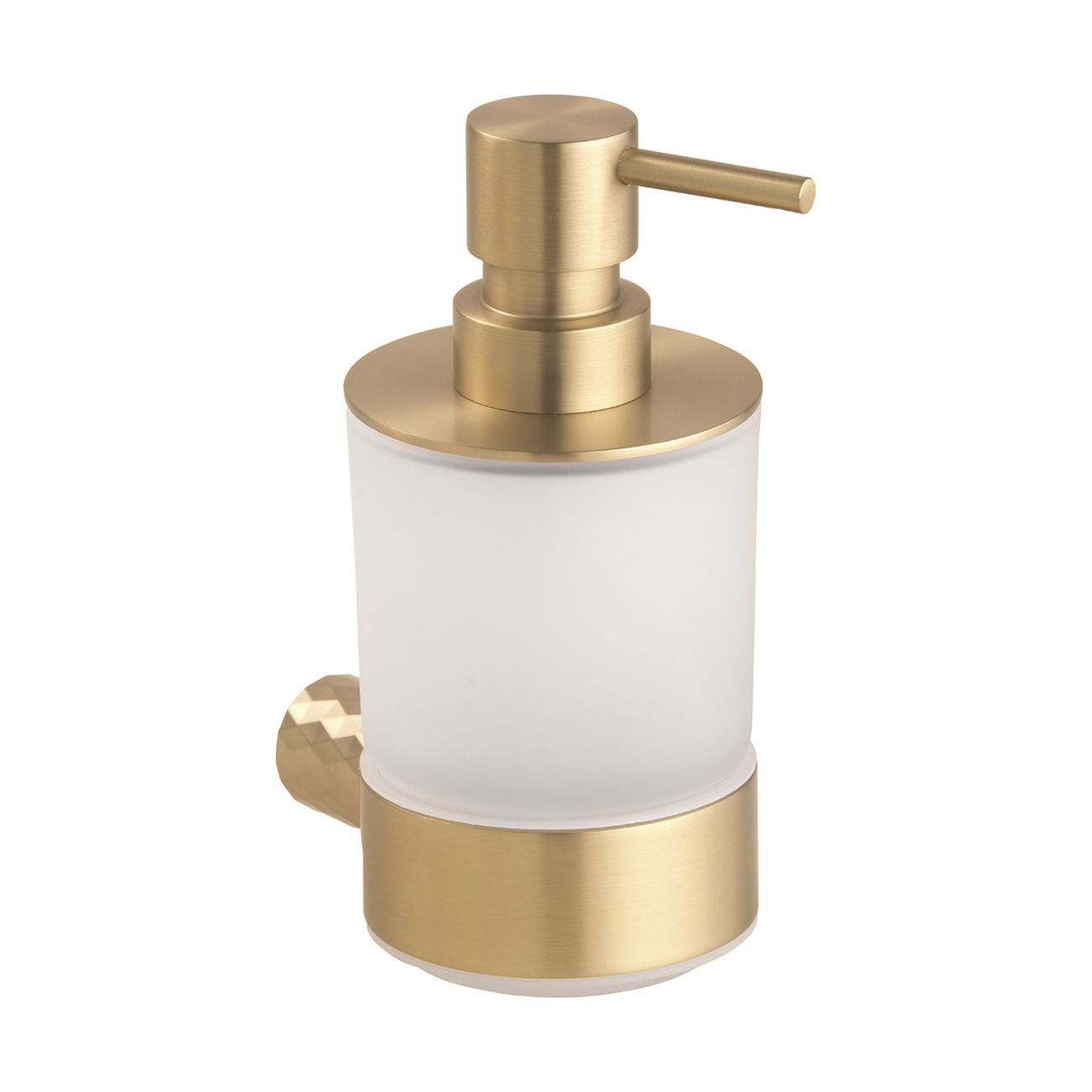Matt Gold wall-mounted soap dispenser with a frosted glass body, brushed gold metal pump and base.