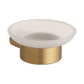 A modern matt gold wall-mounted soap dish with a frosted white glass bowl and a brushed gold metal base, shown against a plain white background.