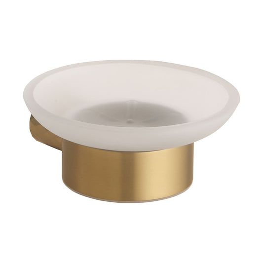 A modern matt gold wall-mounted soap dish with a frosted white glass bowl and a brushed gold metal base, shown against a plain white background.