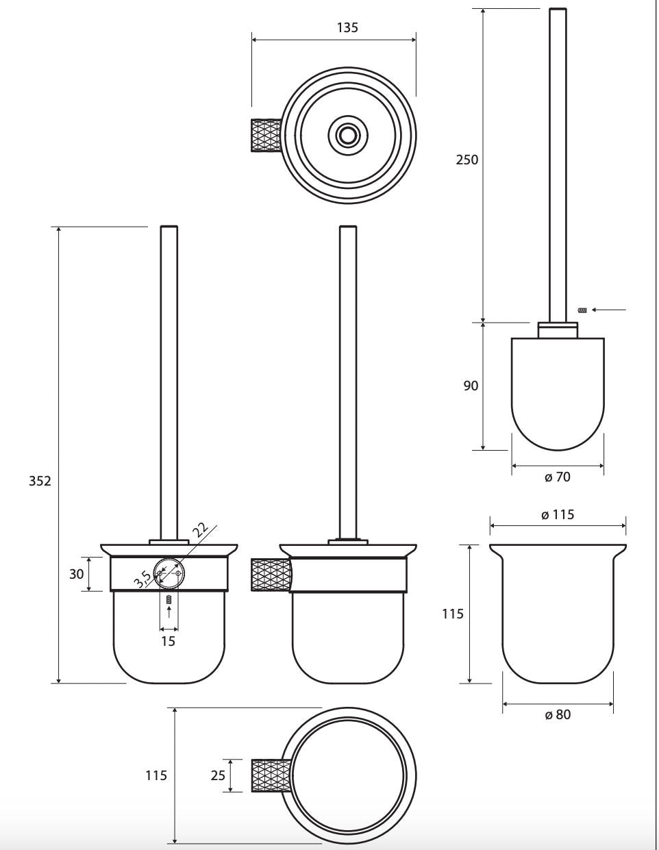 Wall-Mounted Matt Gold Toilet Brush Holder | Diamond Collection