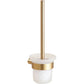 A toilet brush set with a brushed gold metal stand, handle, and band, and a frosted white glass bowl, shown against a plain white background.