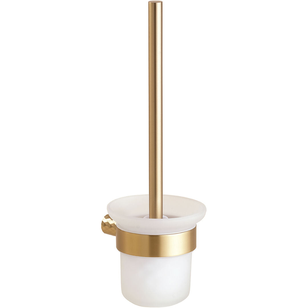 A toilet brush set with a brushed gold metal stand, handle, and band, and a frosted white glass bowl, shown against a plain white background.