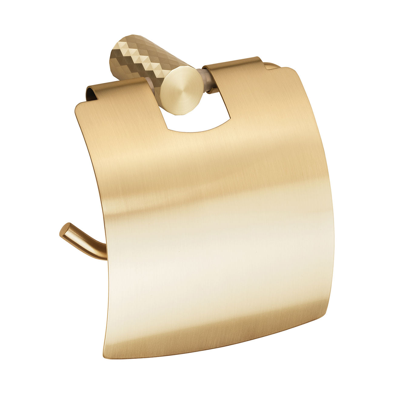 A brushed brass toilet paper holder with a textured cylindrical handle, shown on a plain white background.