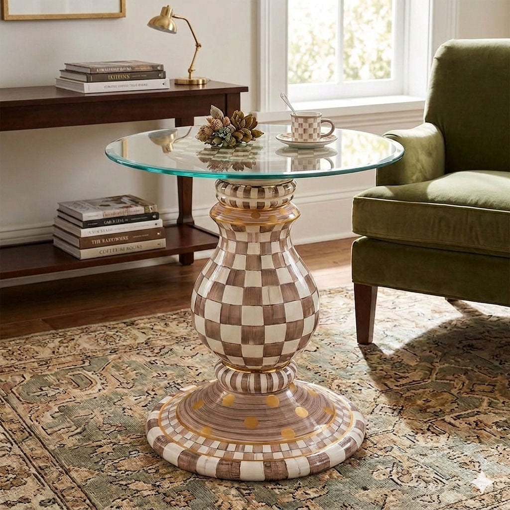 Mocha Check Ceramic Pedestal Table Base by MacKenzie-Childs