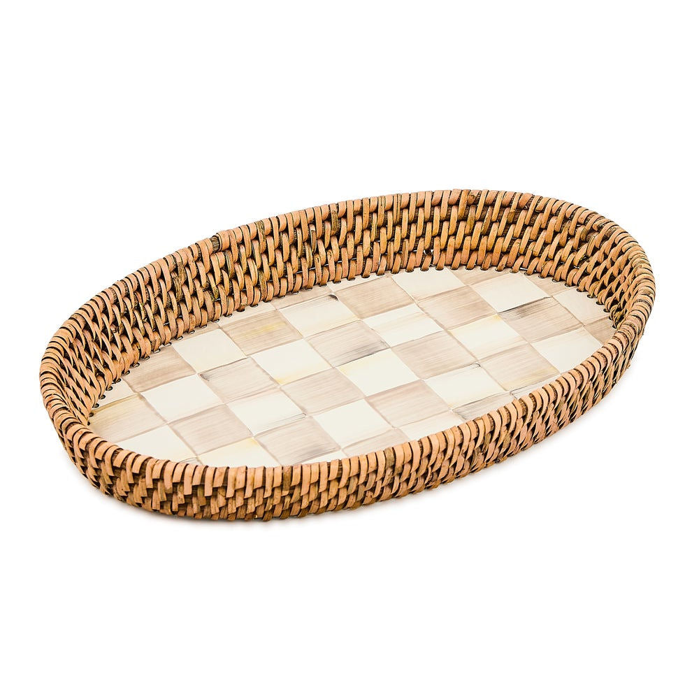 Mocha Check Enamel & Rattan Small Tray Serving Tray