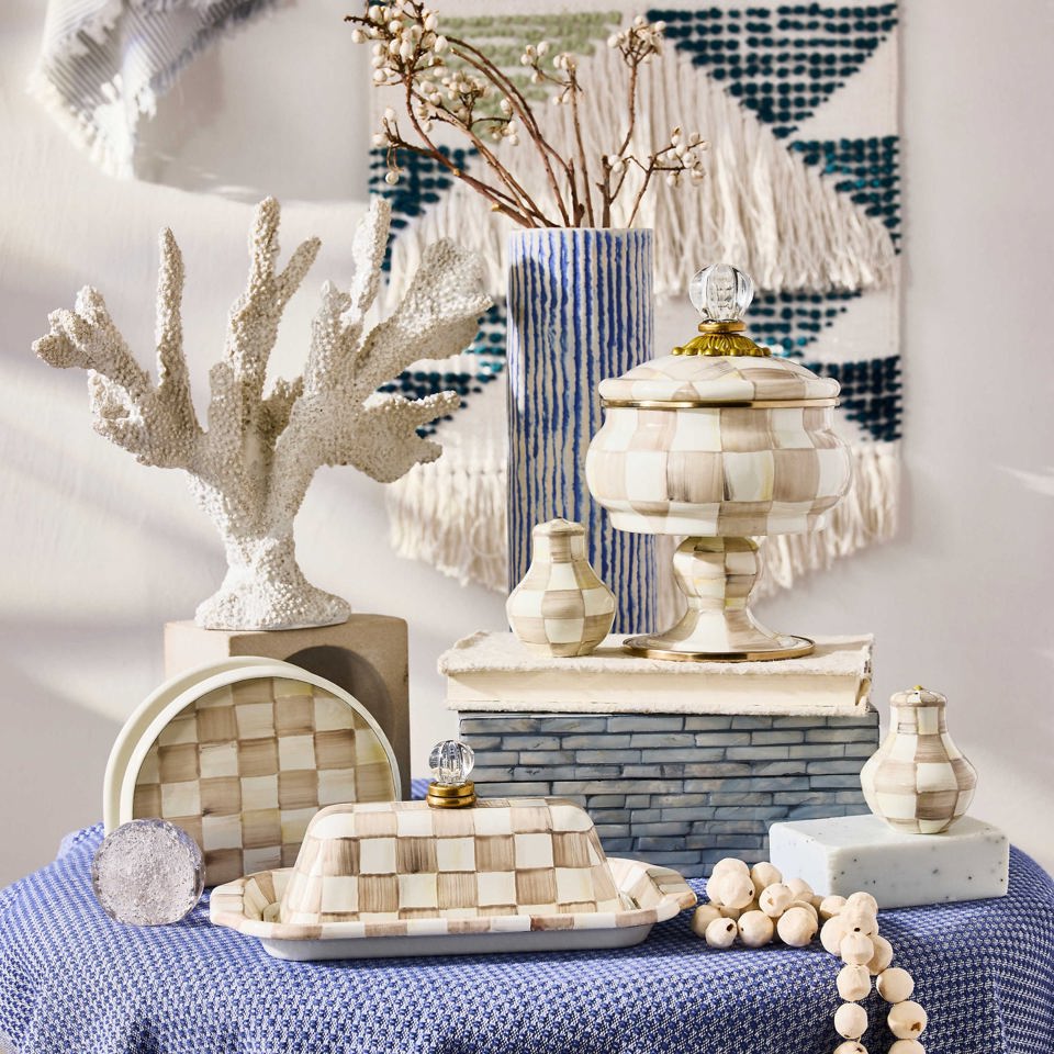 Mocha Check Enamel Butter Box by Mackenzie - Childs - |VESIMI Design|