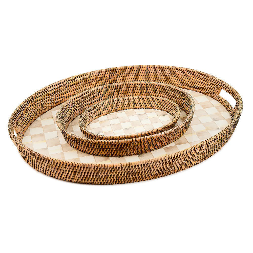 MacKenzie-Childs Mocha Check Enamel & Rattan Party Tray