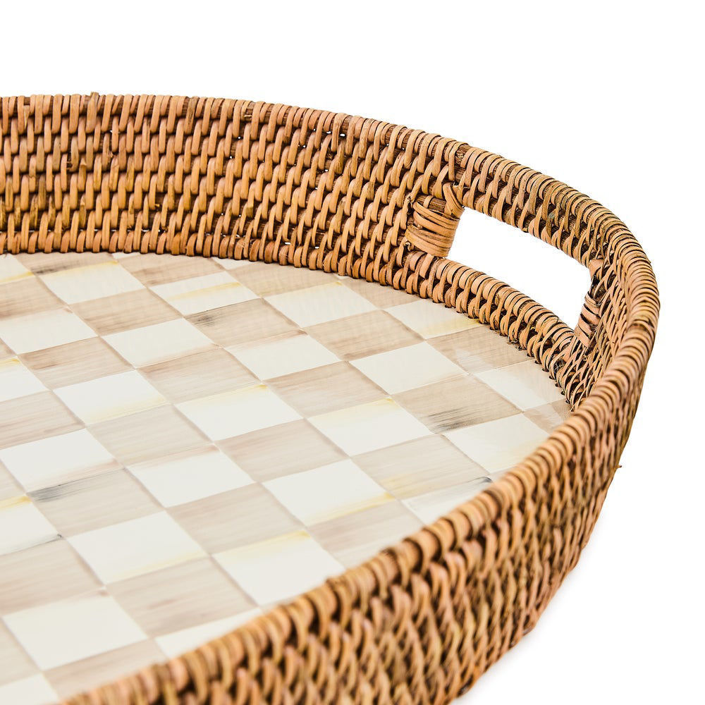 MacKenzie-Childs Mocha Check Enamel & Rattan Party Tray