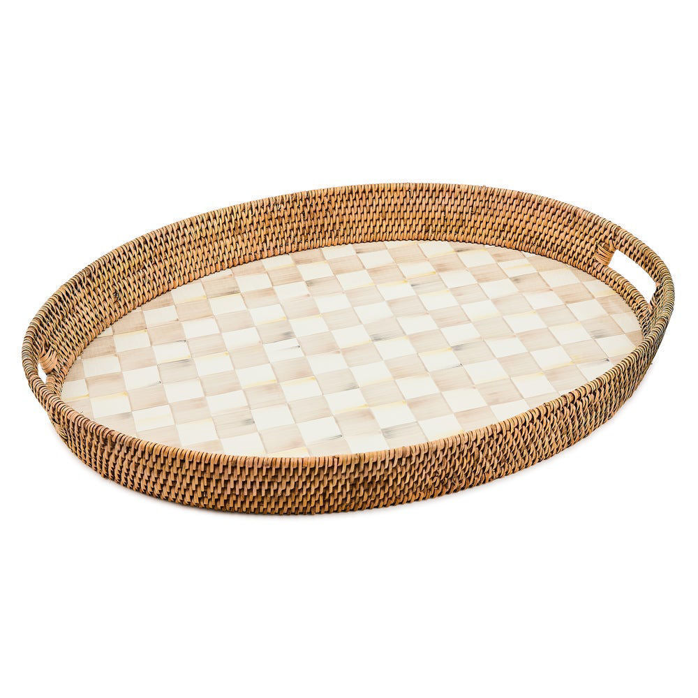 MacKenzie-Childs Mocha Check Enamel & Rattan Party Tray