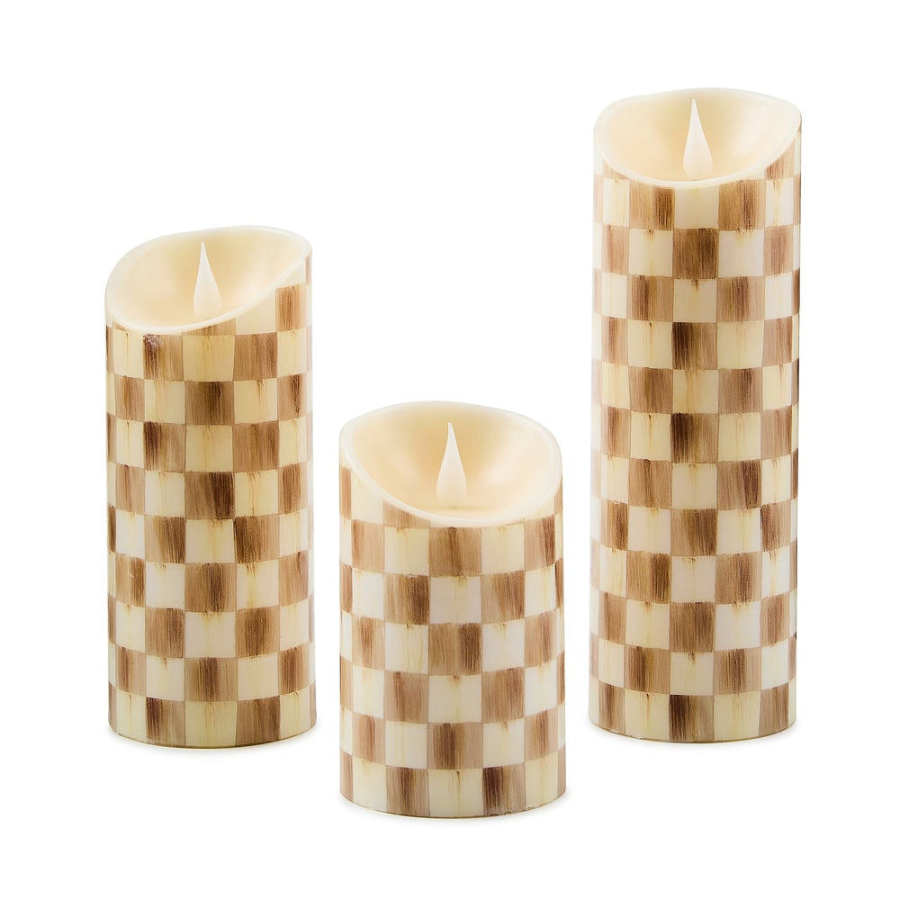 Mocha Check Flameless 7" Pillar Candle