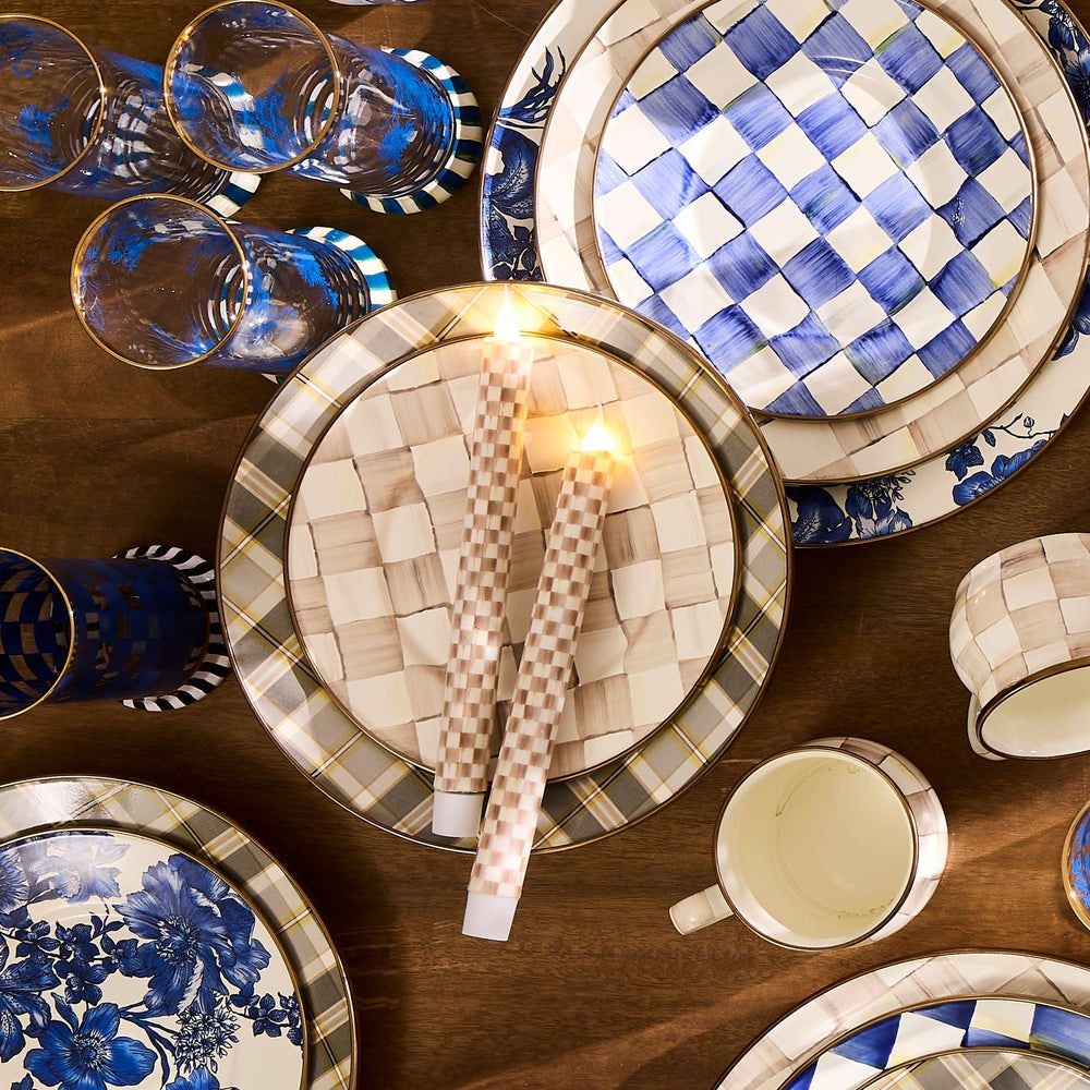 Mocha Check Flameless Dinner Candles, Set of 2